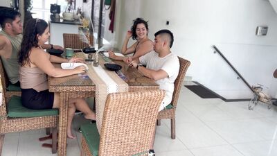 Cheating Wife cheats on her husband with her boy's best friend in the kitchen of his house