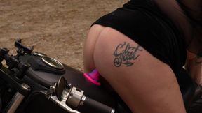 BBW goth girl with hot tattoos rides her motorcycle and flashes public