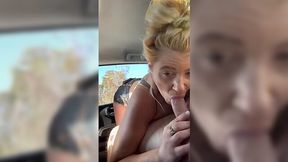 Blonde whore swallows every drop after public BJ!