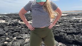 Girl Peeing in Yoga Pants on Beach