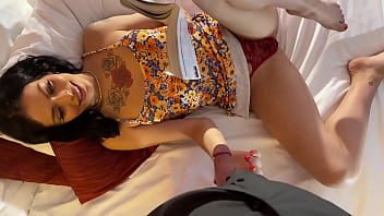 Incredibly Hot Brunette Babe masturbates and works on a Big Cock to make it Cum until the last drop