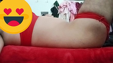 Indian Gay Crossdresser Gaurisissy showing and fingering in her ass in Red honeymoon lingerie real bdsm sex