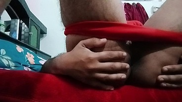 Indian Gay Crossdresser Gaurisissy showing and fingering in her ass in Red honeymoon lingerie real bdsm sex