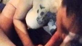Sugarmommy with big boob shows off tatas to lucky pet