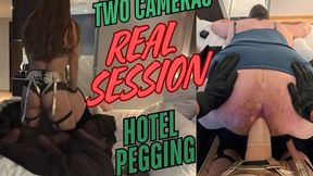 REAL PEGGING - hotel room and two cameras with big dildo