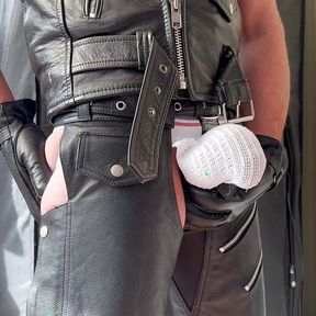 Different view, showing off my arse and bulge in leather chaps boots and bulging jockstrap and leather gloves