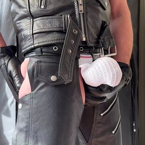 Different view, showing off my arse and bulge in leather chaps boots and bulging jockstrap and leather gloves