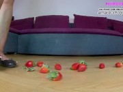 Kati Crush,with high heels and ballerina shoes and barefoot Easter eggs and strawberries are trample