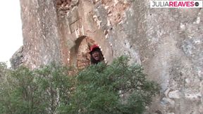 Horny girls suck and ride a huge cock on both holes outdoors