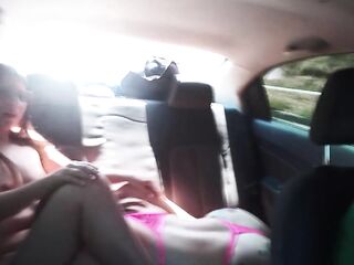 cute blond sucks my boobs in the uber and licks my bewitching vagina