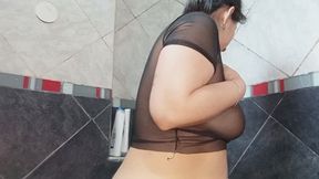 Shower with clothes on and soap on the breasts