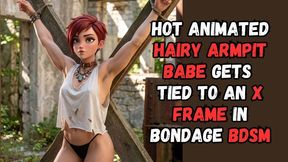 smoking hot hairy armpit redhead babe so sexy she needs to be punished tied to a x frame in BDSM bondage fantasy struggle