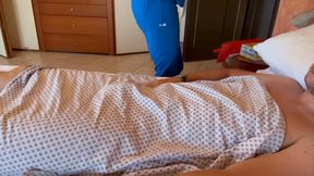 Nurse Nastya takes a sample with her tight white surgical gloves and inside out red rubber gloves