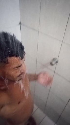 Brazilian Brunette 16cm Thick in the Shower - Hairy Hard Cock Taking a Hot Shower