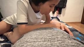 Petite black-haired MILF licks and fucks huge cock