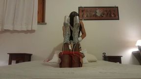 I bound my wife on the bed on pantyhose and high heels &mdash;  throated and fucked with no mercy