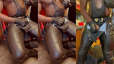 Leather Gloves & Leather Biker Jeans Titplay & Heavy Cum