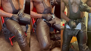 Leather Gloves & Leather Biker Jeans Titplay & Heavy Cum