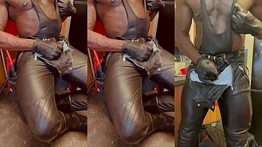 Leather Gloves & Leather Biker Jeans Titplay & Heavy Cum