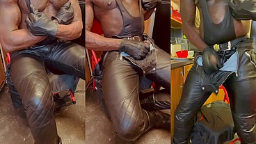 Leather Gloves & Leather Biker Jeans Titplay & Heavy Cum