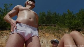 CFNM beach pickup ends with blowjob during nude workout