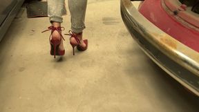Cranking Revving red high heels