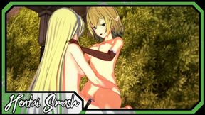 Ryuu Lion and Aiz Wallenstein have lesbian sex and strapon fuck in the garden - Danmachi Hentai