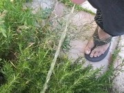 Norwegian Daddy Taking A Long Fat Dick Piss In A Outside Bush In Sandals
