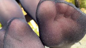 Black Pantyhose Feet Rubbing - Outdoor Nylon Soles Tease After the Climb - Part-1