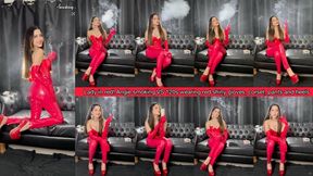 Lady in red! Angie smoking VS 120s wearing red shiny gloves, corset, pants and heels