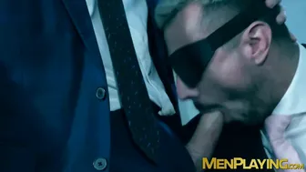 Blindfolded businessman Dani Rivera fucked by suited muscle top