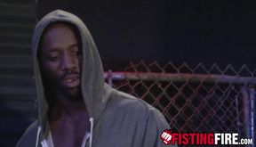 Gorgeous Race Cooper spits on a massive cock before grabbing it and shooting loads