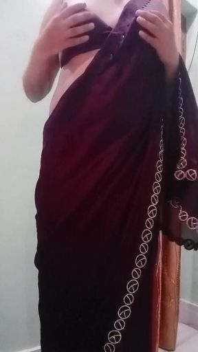 Indian Crossdresser Gaurisissy Feeling Horny in Purple Saree Looking and Fucking Like a Housewife