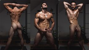 Molten muscular Wolf greases up flex his muscles while draining until cum-shot