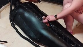 Femdom Feet Teasing Bondage Sack With Latex Breathplay And Cum Eating