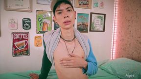 sport twink magic c jerking his big cock through the side of his shorts