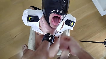 BDSM with latex mask wife receive her punishment getting a deepthroat, facefucking with slapping, spitting and piss in her face