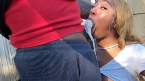 Pretty ebony chick is deepthroating her stepdad's bbc outdoor