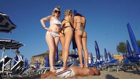 Triple Trampling In Sicily - BDSM - public humiliation - outdoors - female domination- bikini - mean girls - submissive men - humiliation - femdom