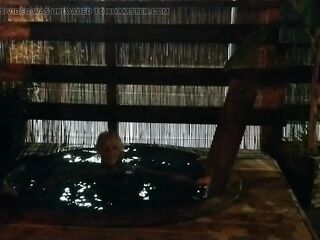 Alexa Cosmic swimming in pool after sauna in fresh t-shirt and ebony short hawt shorts. Wetlook in sauna.