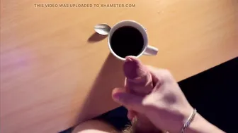Twink jerks big cock in white socks and cums in coffee