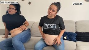 2 sexy girls playing with bellies and farting in jeans