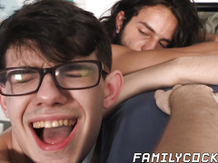 Gay stepdad rims twinks ass before threesome anal fucking