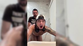 Foot fetish, raw anal, pissing and gay domination in public WC