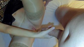 Blonde MILF in Sexy Nightie and Stockings Fucks a Thick Cock and Gets Creampied