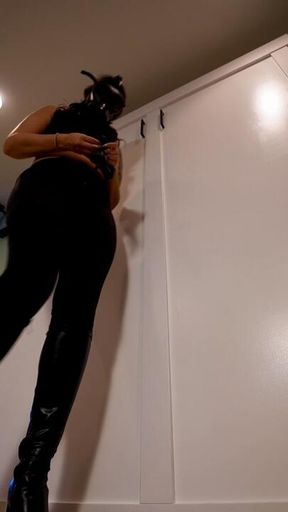 3 min DOM Gas mask goddess POV watch your goddess punish you with her boots until you are out! And then you wake up to me strapping you down and ..