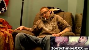 JoeSchmoeXXX.com - Nerdy looking amateur dude with glasses strips and jerks off his c