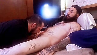 Tattooed straight guy gets sloppy blowjob from cum hungry fag