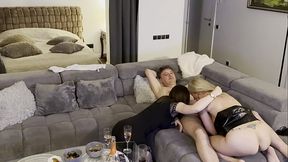 Wife watches husband fuck blonde Milf while masturbating