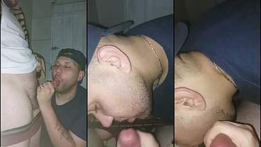 Ursinho chupou meu pau tatuado no banheiro abandonado